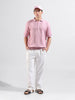 Men's Pink Oversized Fit Textured Flat Knit Polo Collar T-Shirt