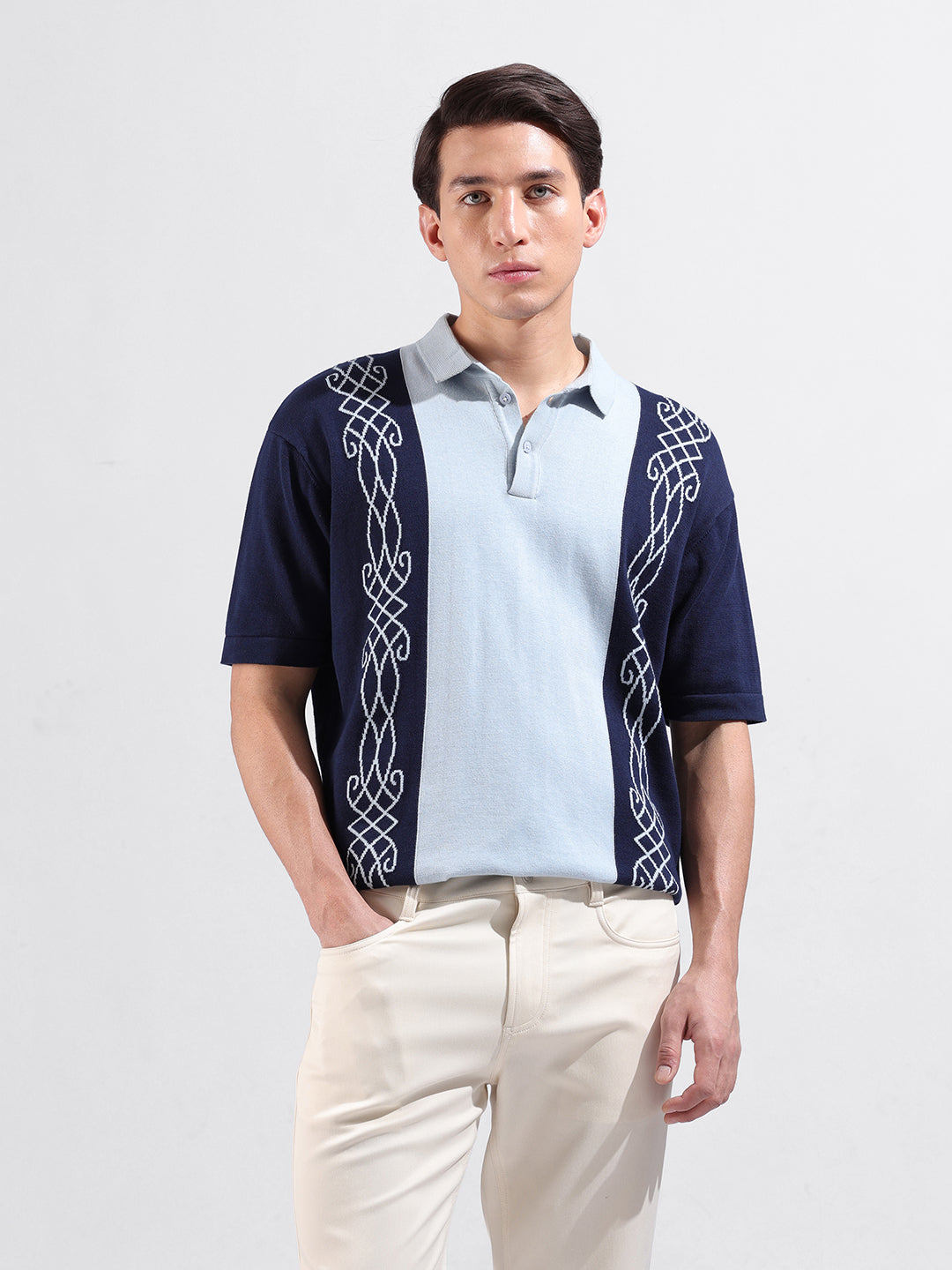 Men's Blue Oversized Fit Textured Flat Knit Polo Collar T-Shirt