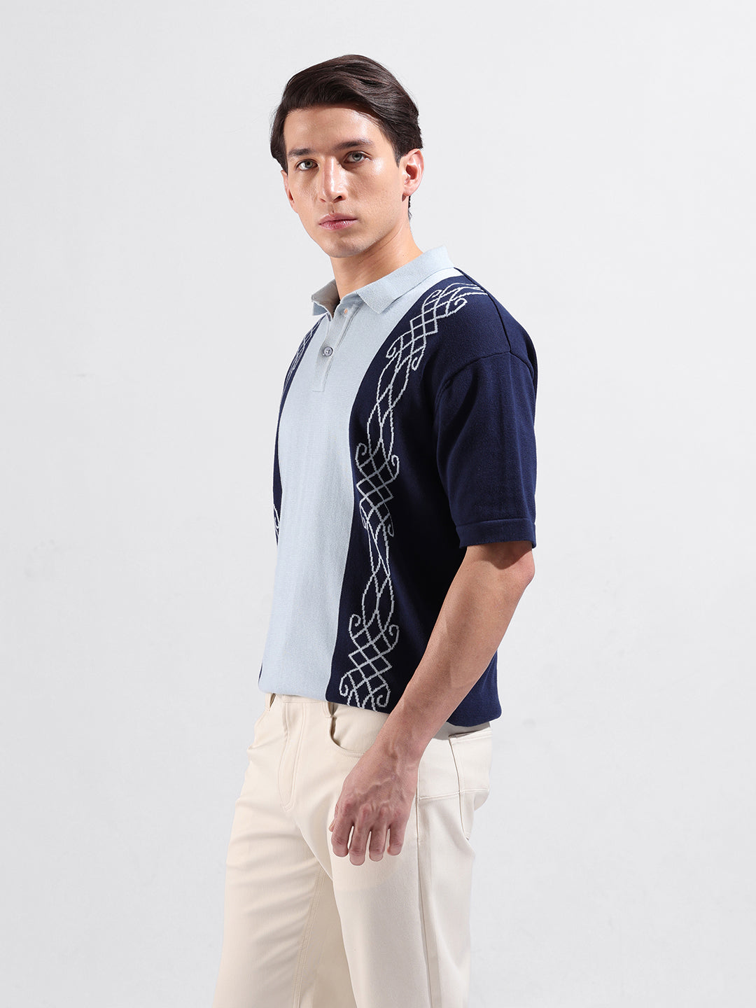 Men's Blue Oversized Fit Textured Flat Knit Polo Collar T-Shirt