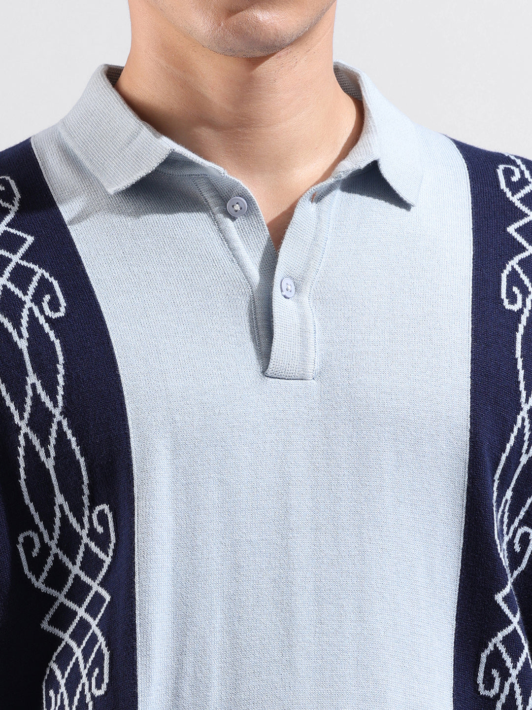 Men's Blue Oversized Fit Textured Flat Knit Polo Collar T-Shirt
