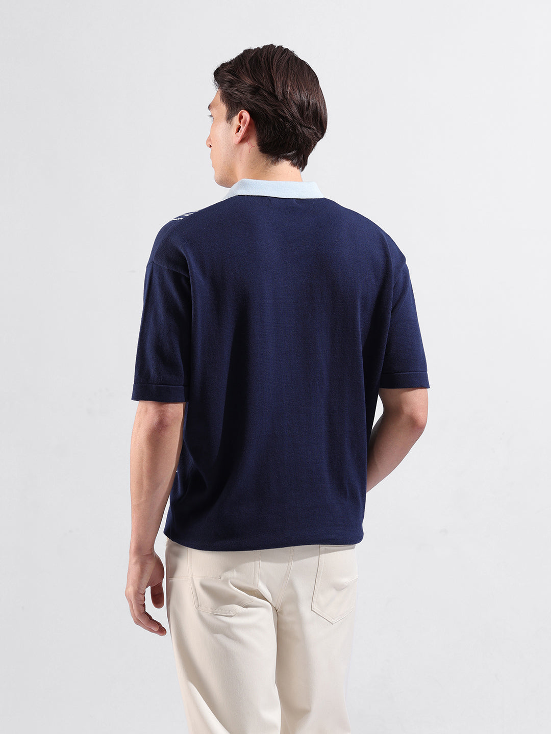 Men's Blue Oversized Fit Textured Flat Knit Polo Collar T-Shirt