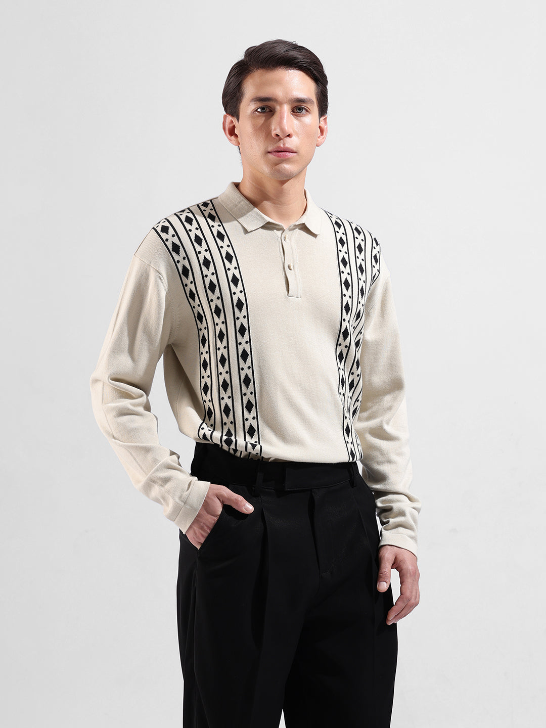 Men's Beige Oversized Fit Textured Flat Knit Polo Collar T-Shirt