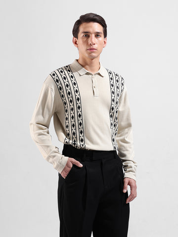 Men's Beige Oversized Fit Textured Flat Knit Polo Collar T-Shirt