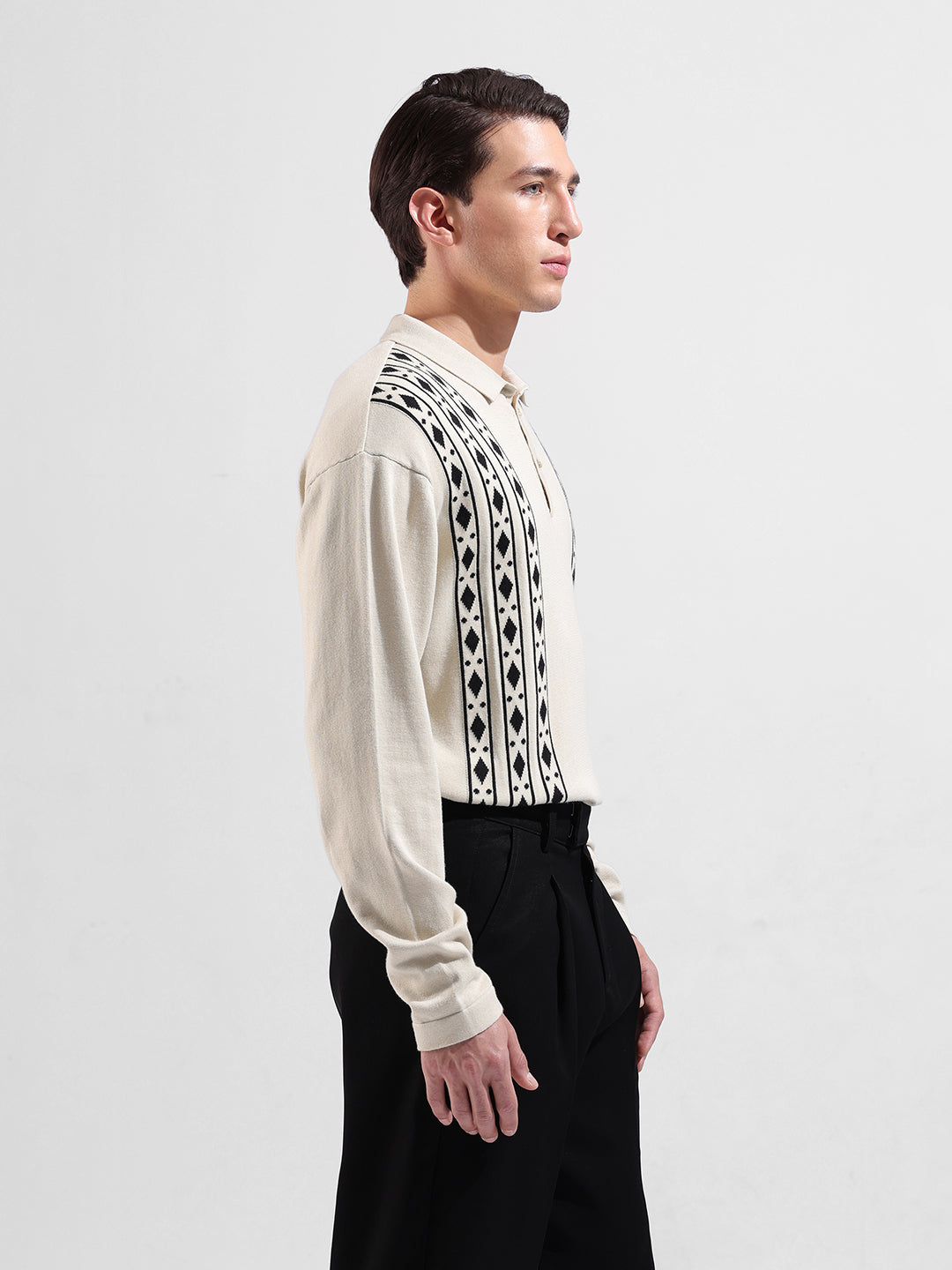 Men's Beige Oversized Fit Textured Flat Knit Polo Collar T-Shirt