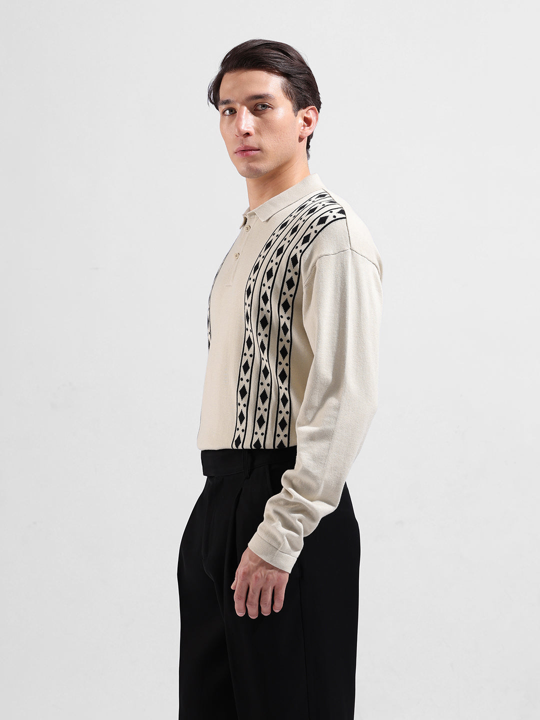 Men's Beige Oversized Fit Textured Flat Knit Polo Collar T-Shirt