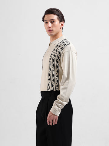 Men's Beige Oversized Fit Textured Flat Knit Polo Collar T-Shirt