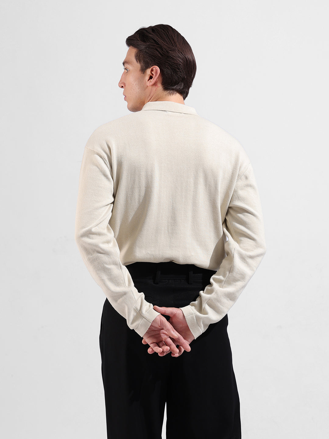 Men's Beige Oversized Fit Textured Flat Knit Polo Collar T-Shirt