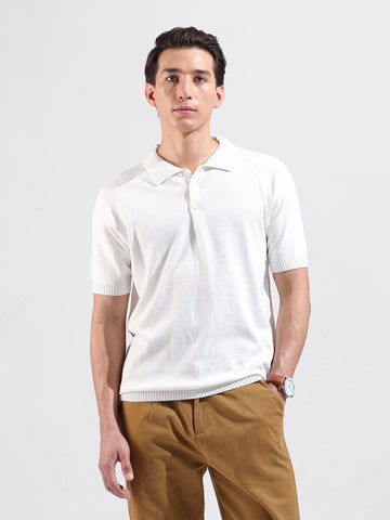 Men's White Slim Fit Textured Flat Knit Polo Collar T-Shirt