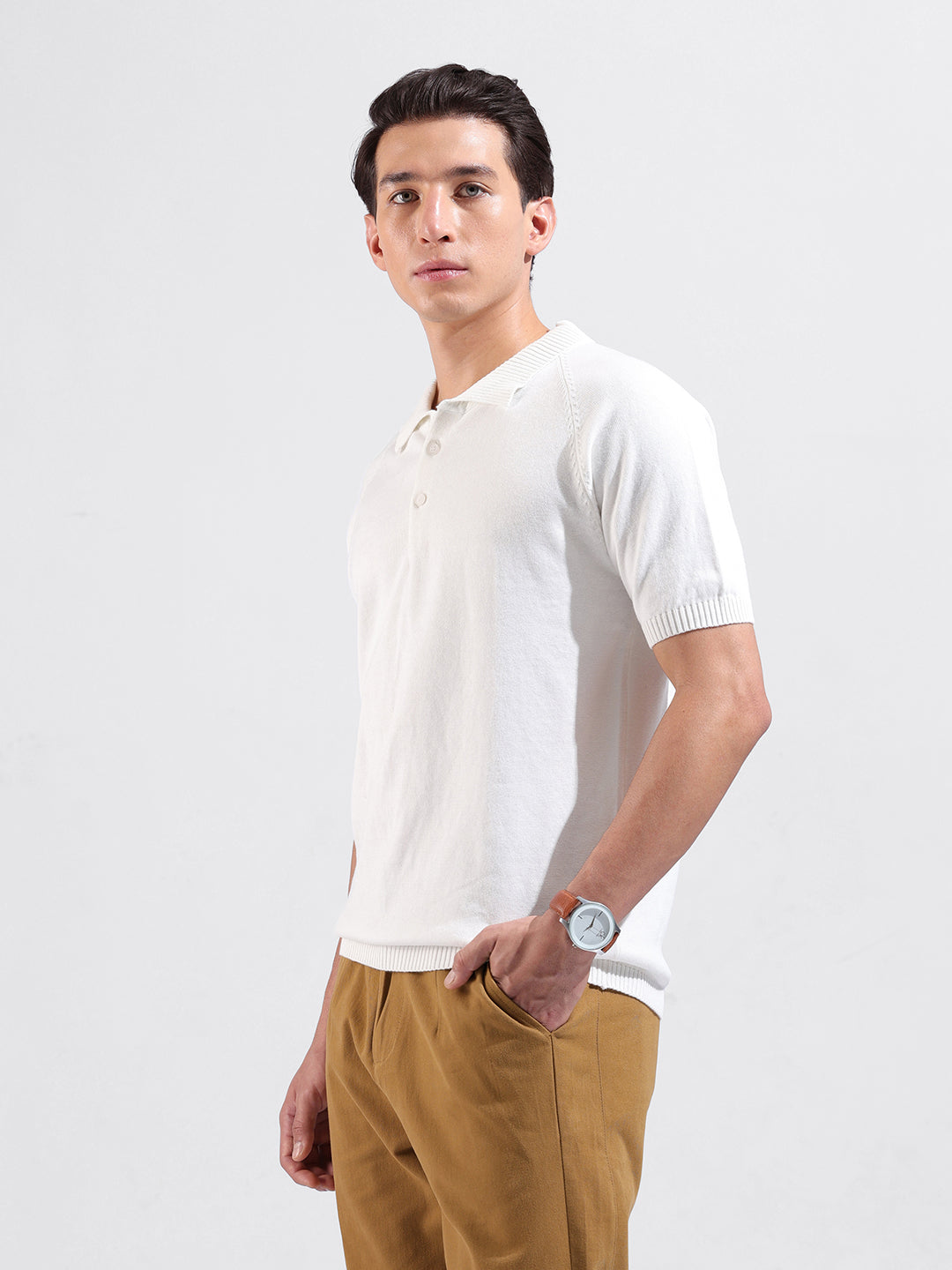 Men's White Slim Fit Textured Flat Knit Polo Collar T-Shirt