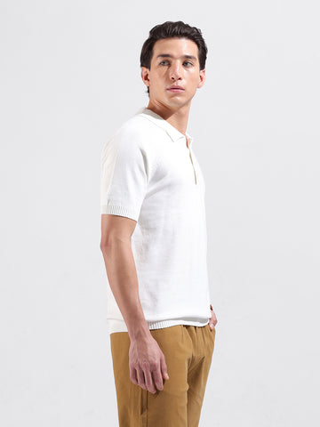 Men's White Slim Fit Textured Flat Knit Polo Collar T-Shirt