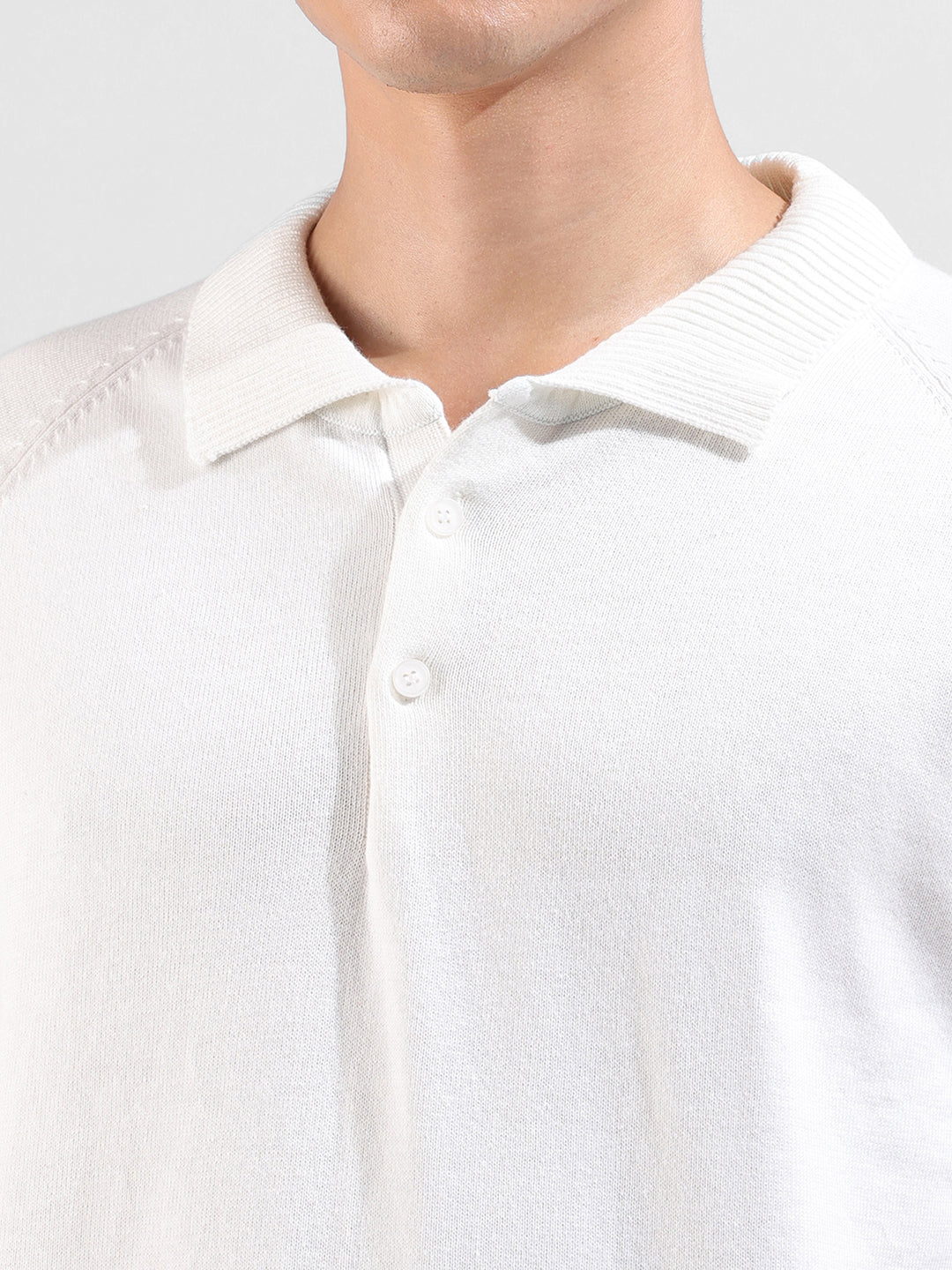 Men's White Slim Fit Textured Flat Knit Polo Collar T-Shirt