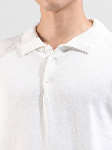 Men's White Slim Fit Textured Flat Knit Polo Collar T-Shirt