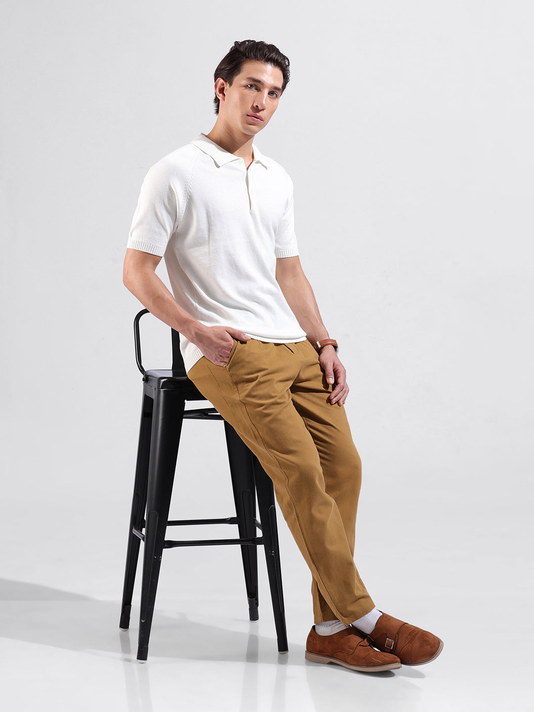 Men's White Slim Fit Textured Flat Knit Polo Collar T-Shirt