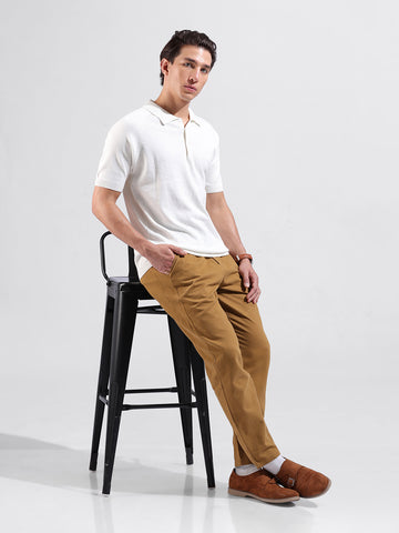 Men's White Slim Fit Textured Flat Knit Polo Collar T-Shirt