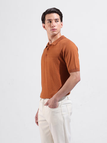 Men's Rust Slim Fit Textured Flat Knit Polo Collar T-Shirt