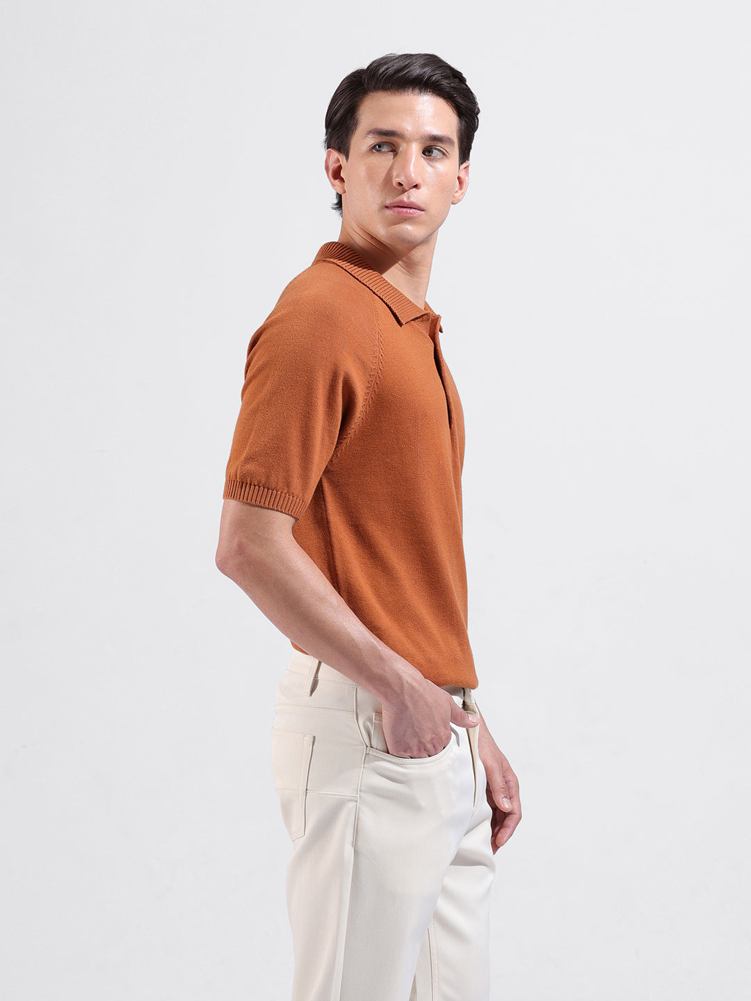 Men's Rust Slim Fit Textured Flat Knit Polo Collar T-Shirt