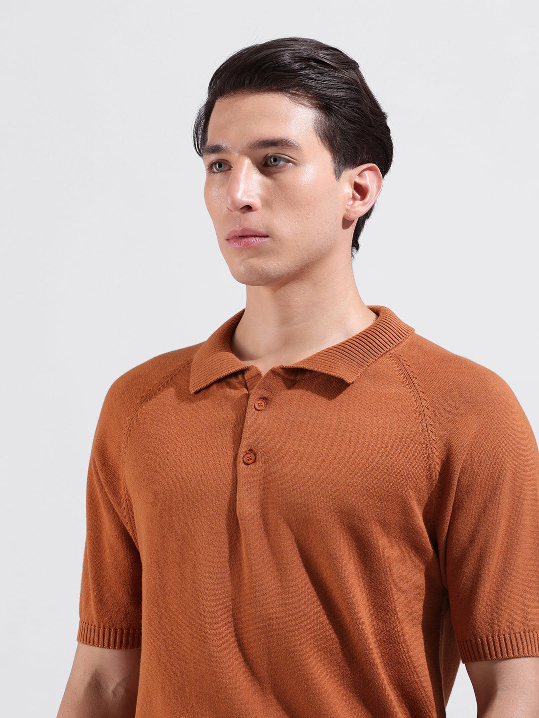 Men's Rust Slim Fit Textured Flat Knit Polo Collar T-Shirt