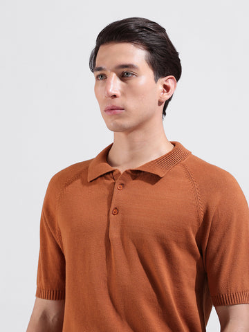 Men's Rust Slim Fit Textured Flat Knit Polo Collar T-Shirt