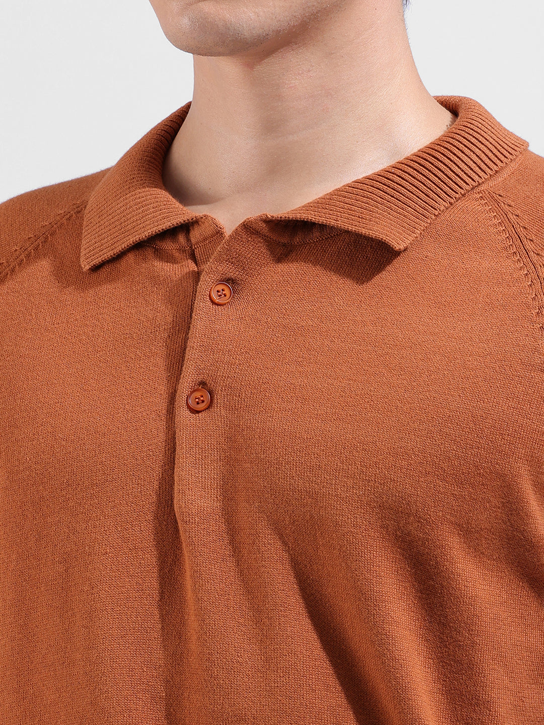 Men's Rust Slim Fit Textured Flat Knit Polo Collar T-Shirt