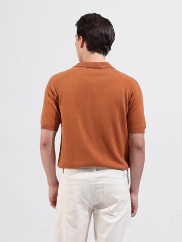Men's Rust Slim Fit Textured Flat Knit Polo Collar T-Shirt