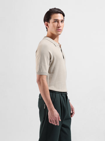 Men's Beige Slim Fit Textured Flat Knit Polo Collar T-Shirt