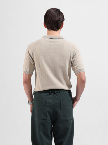 Men's Beige Slim Fit Textured Flat Knit Polo Collar T-Shirt
