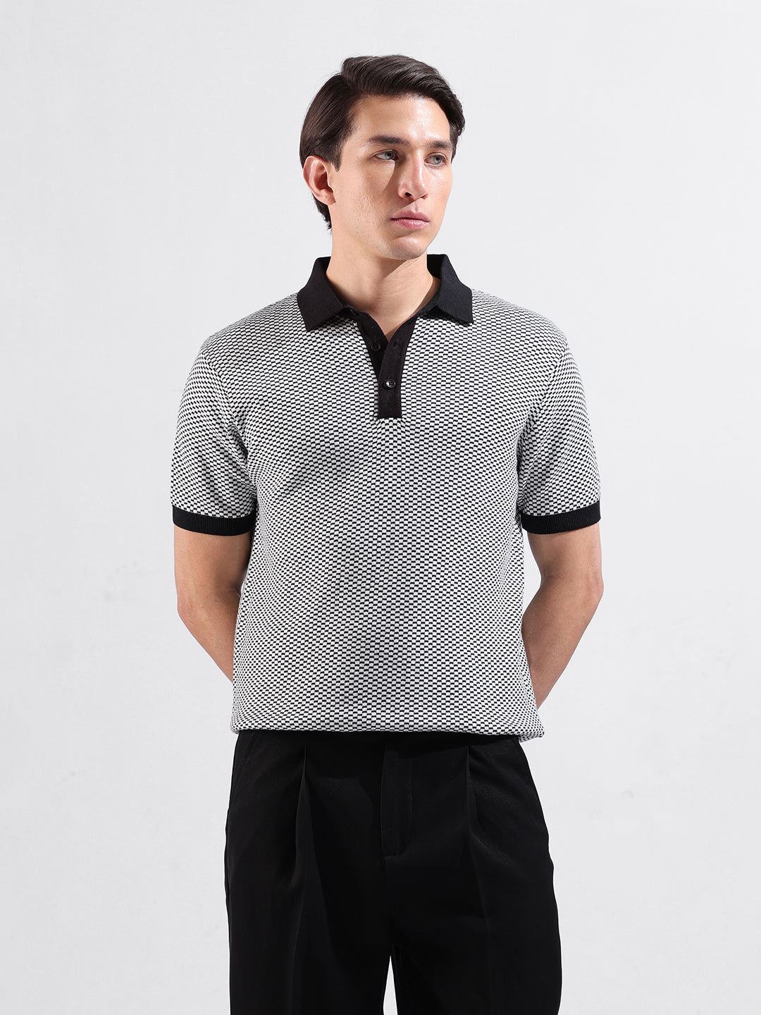 Men's Black Slim Fit Textured Flat Knit Polo Collar T-Shirt