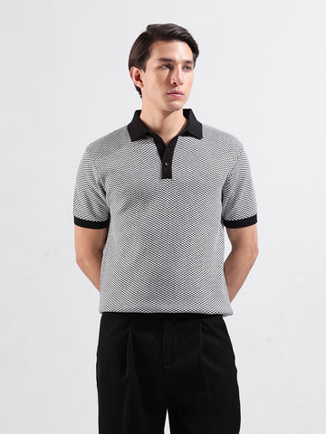 Men's Grey Slim Fit Textured Flat Knit Polo Collar T-Shirt