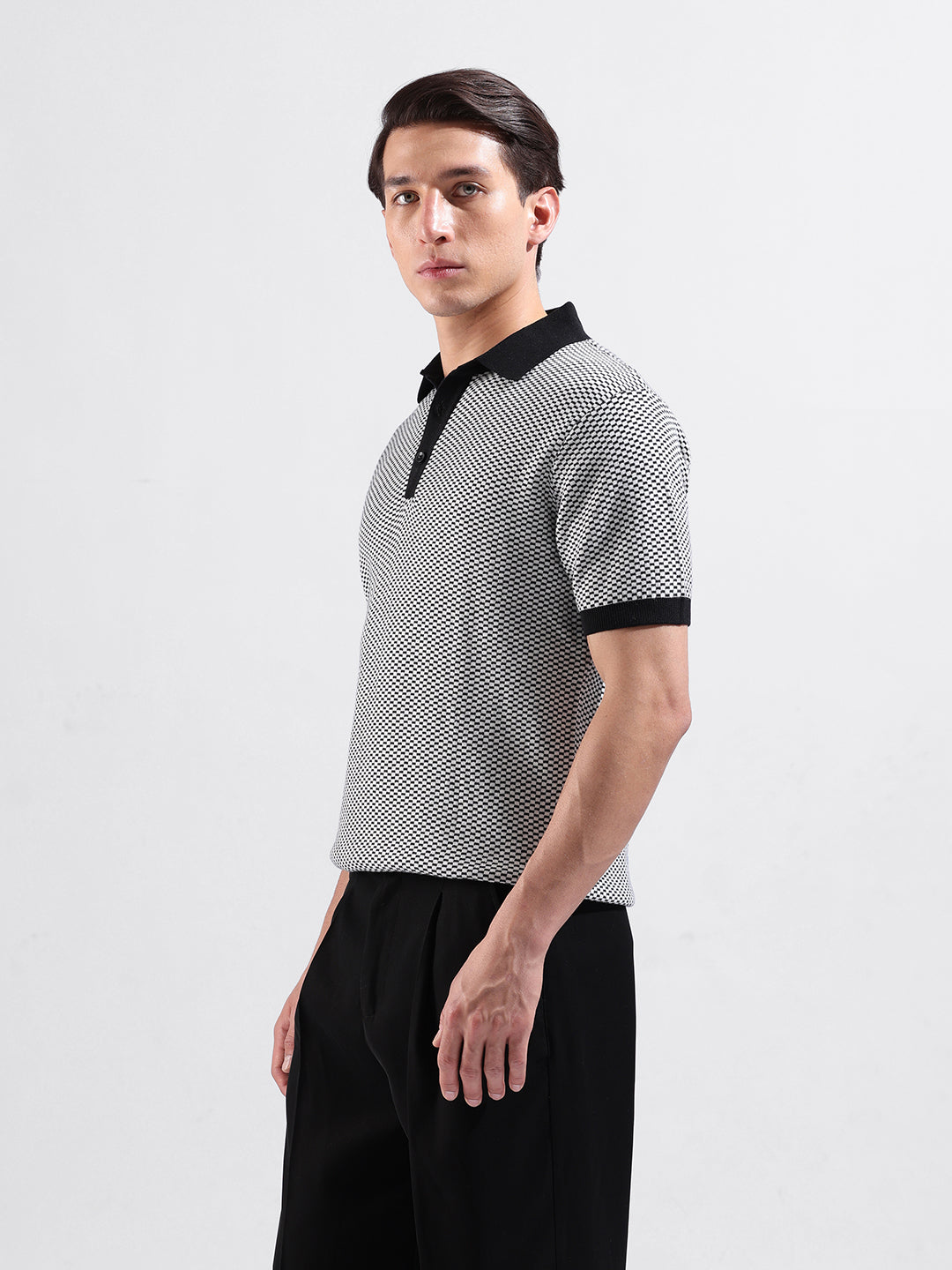 Men's Black Slim Fit Textured Flat Knit Polo Collar T-Shirt