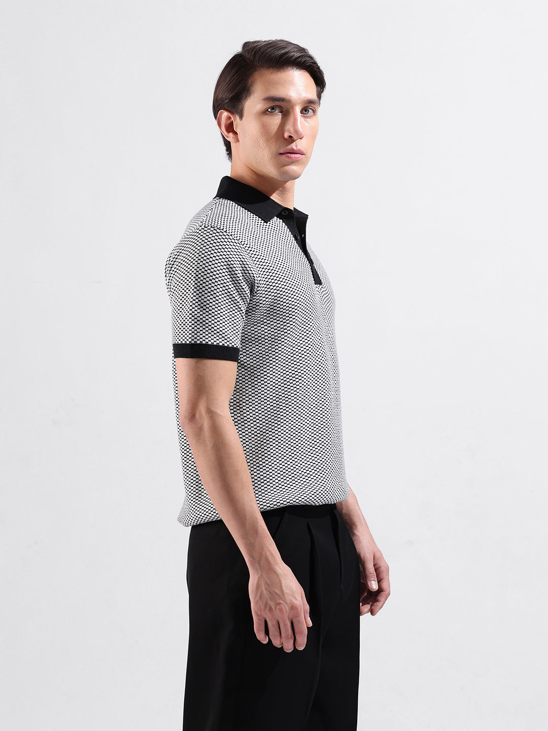 Men's Black Slim Fit Textured Flat Knit Polo Collar T-Shirt