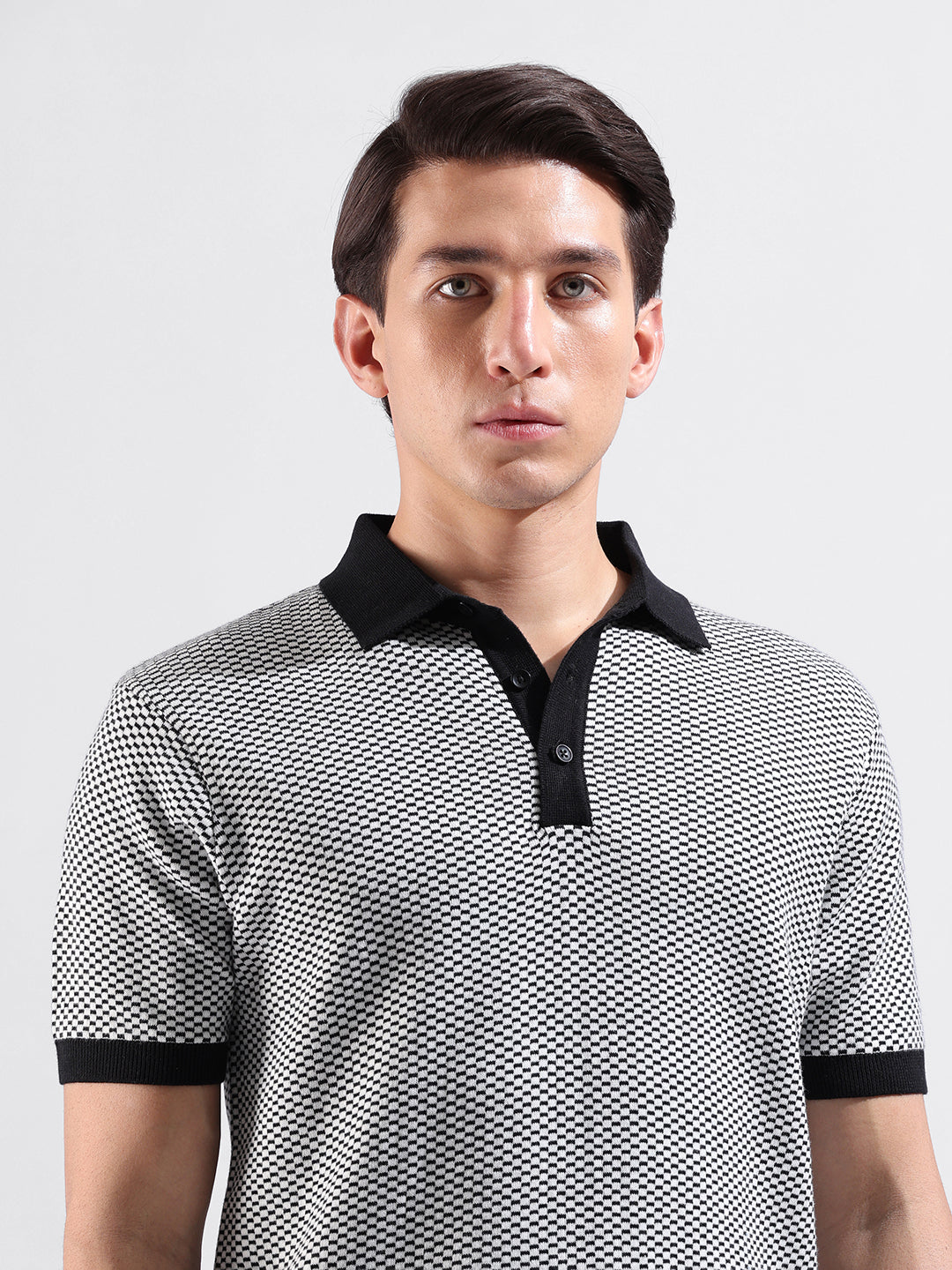 Men's Black Slim Fit Textured Flat Knit Polo Collar T-Shirt