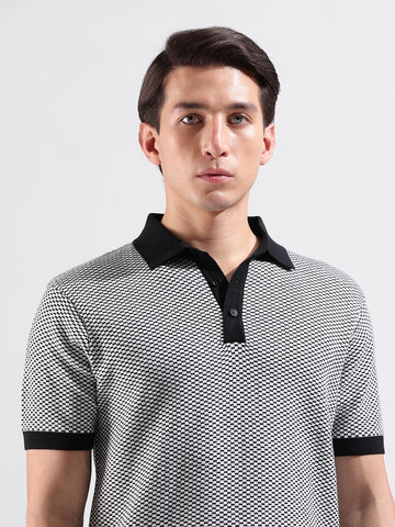 Men's Grey Slim Fit Textured Flat Knit Polo Collar T-Shirt