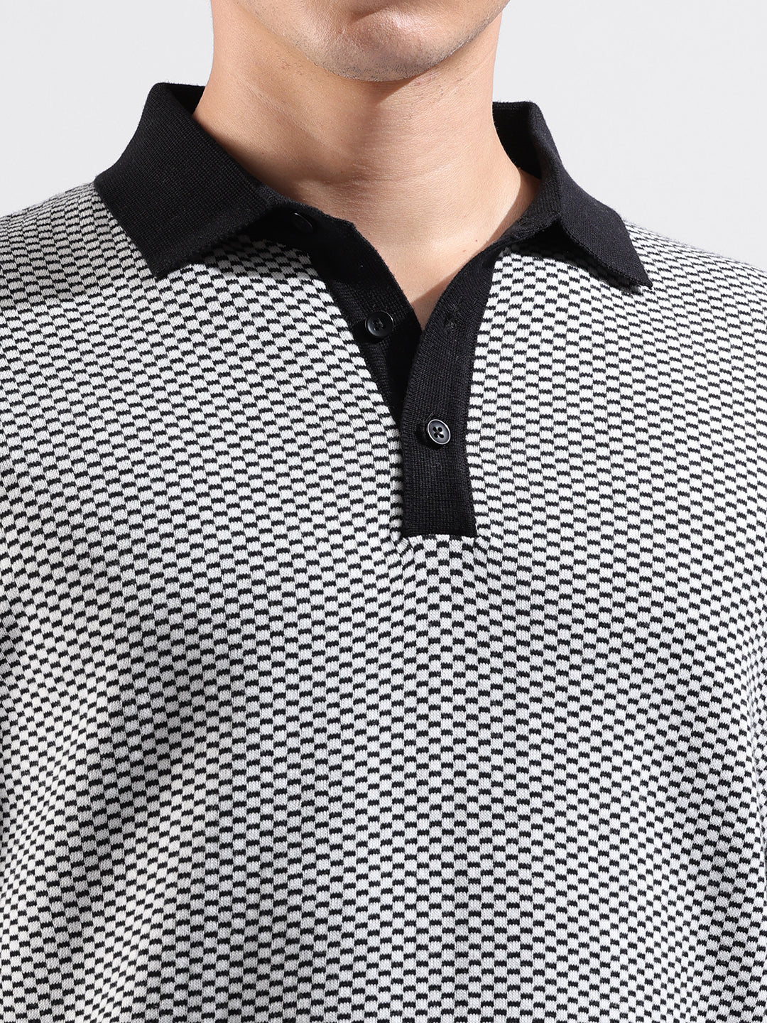 Men's Black Slim Fit Textured Flat Knit Polo Collar T-Shirt