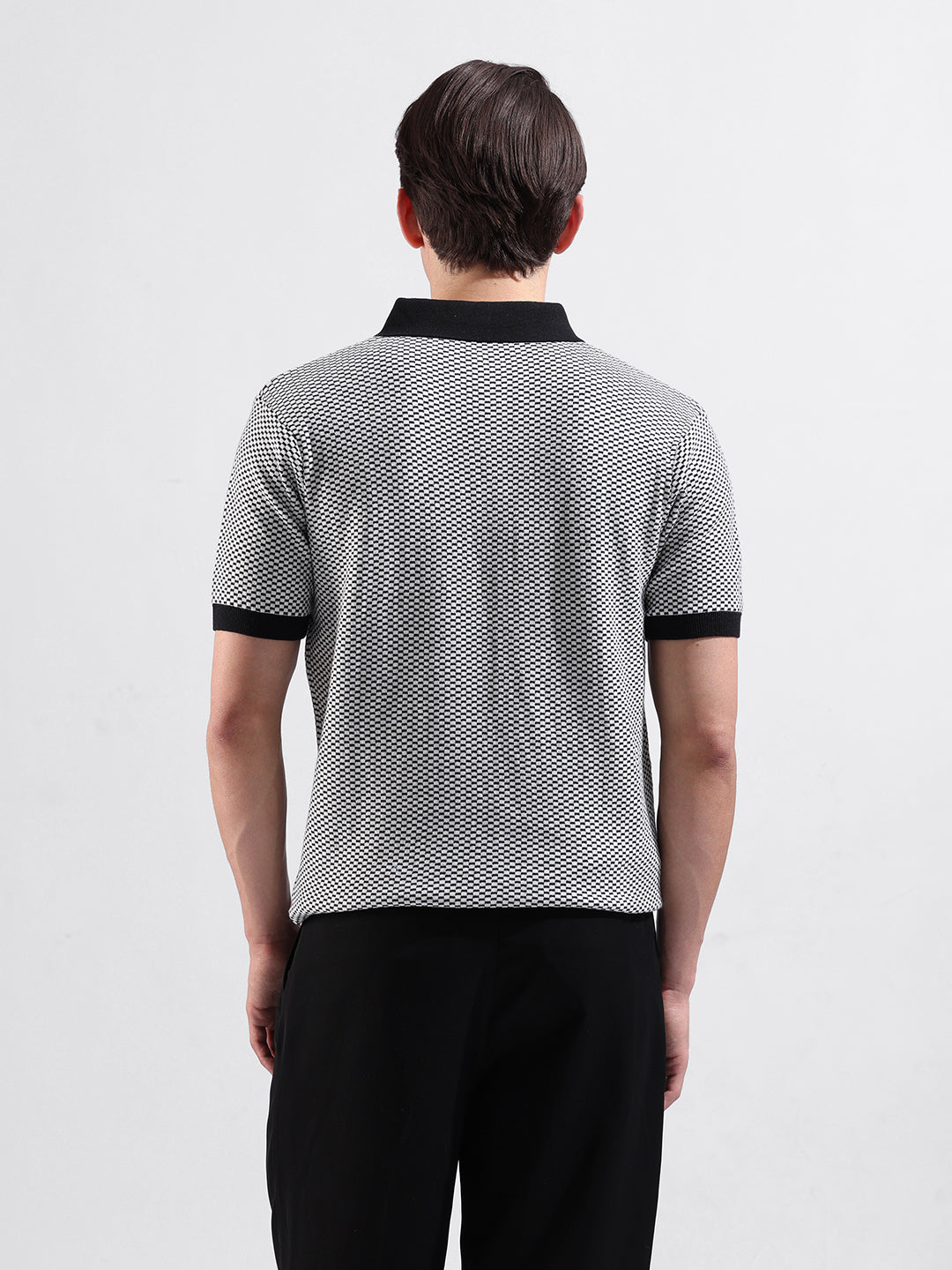 Men's Black Slim Fit Textured Flat Knit Polo Collar T-Shirt