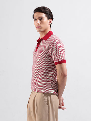 Men's Red Slim Fit Textured Flat Knit Polo Collar T-Shirt