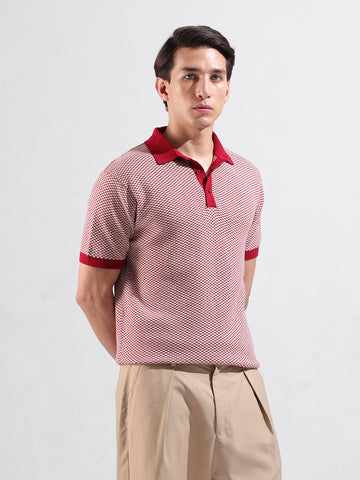 Men's Red Slim Fit Textured Flat Knit Polo Collar T-Shirt