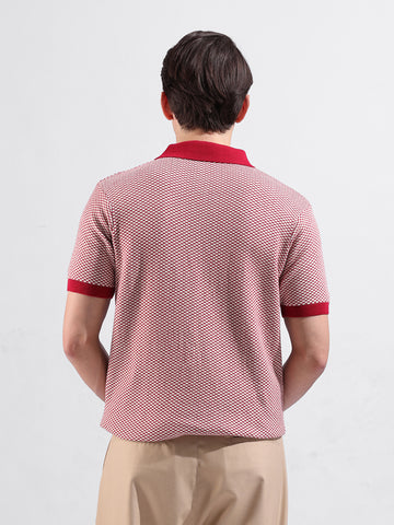 Men's Red Slim Fit Textured Flat Knit Polo Collar T-Shirt