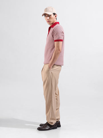 Men's Red Slim Fit Textured Flat Knit Polo Collar T-Shirt