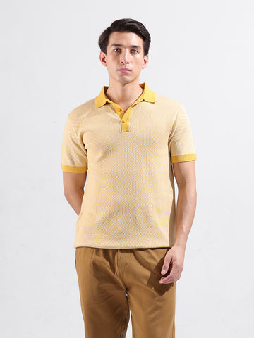 Men's Yellow Slim Fit Textured Flat Knit Polo Collar T-Shirt