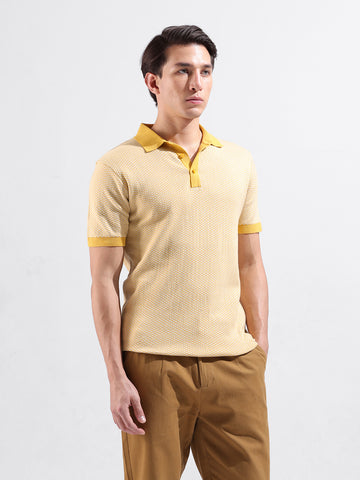 Men's Yellow Slim Fit Textured Flat Knit Polo Collar T-Shirt
