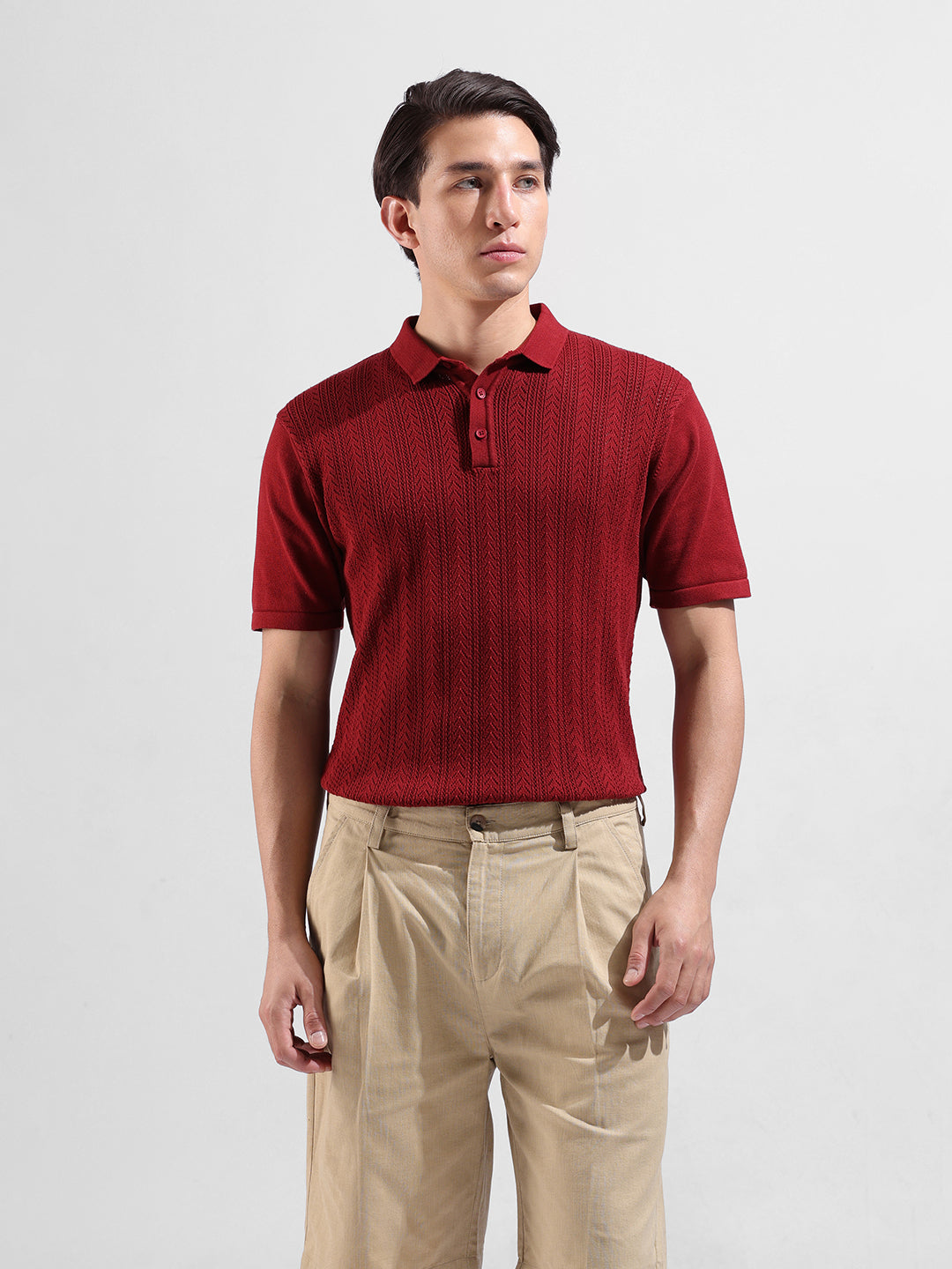 Men's Rust Slim Fit Textured Flat Knit Polo Collar T-Shirt