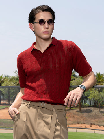 Men's Rust Slim Fit Textured Flat Knit Polo Collar T-Shirt