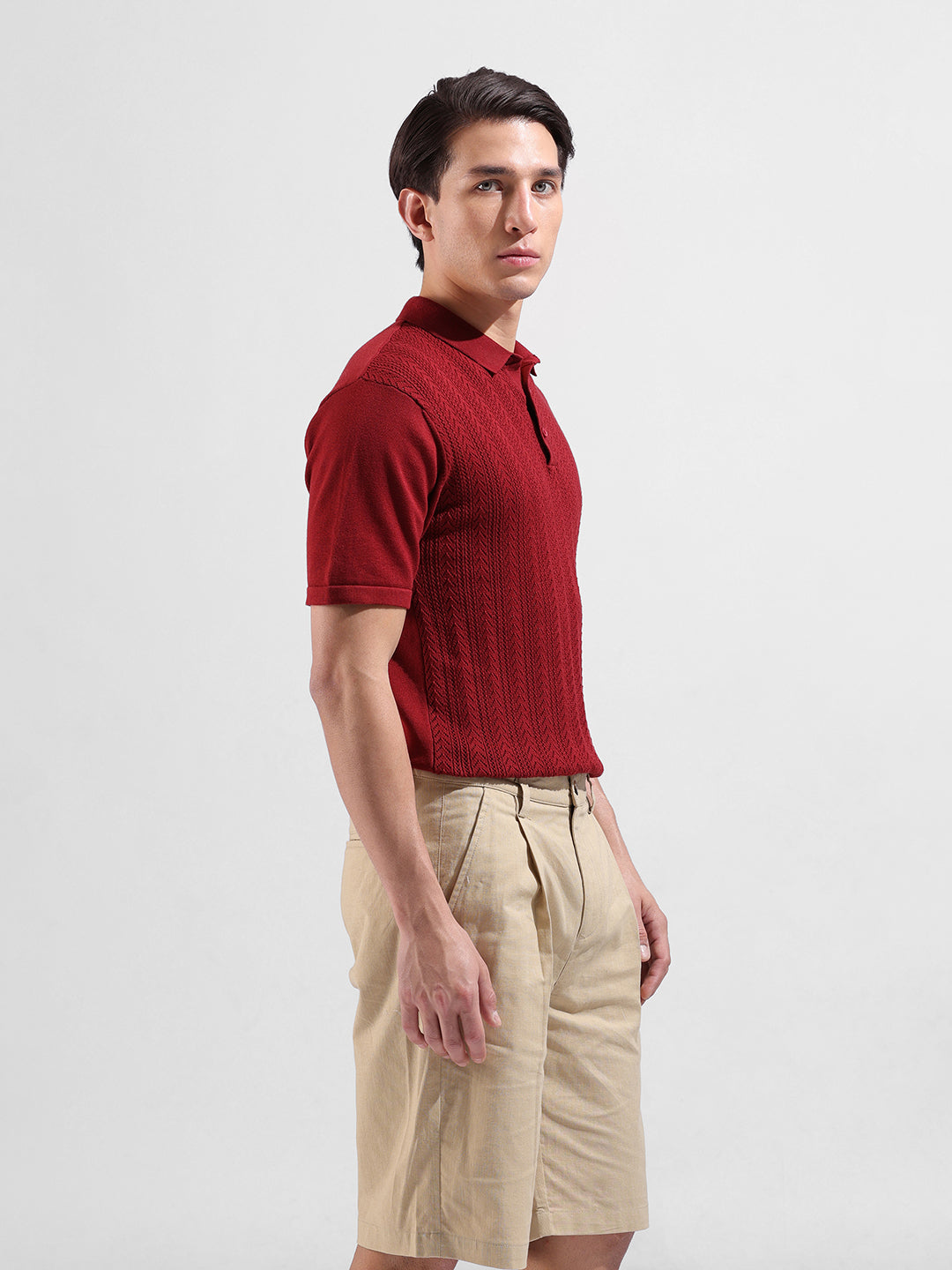 Men's Rust Slim Fit Textured Flat Knit Polo Collar T-Shirt