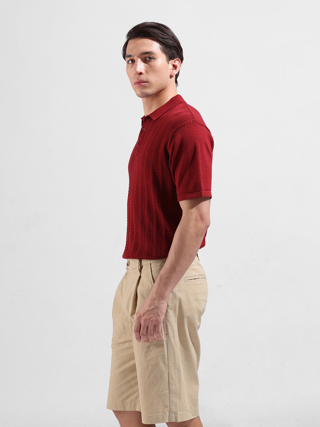 Men's Rust Slim Fit Textured Flat Knit Polo Collar T-Shirt
