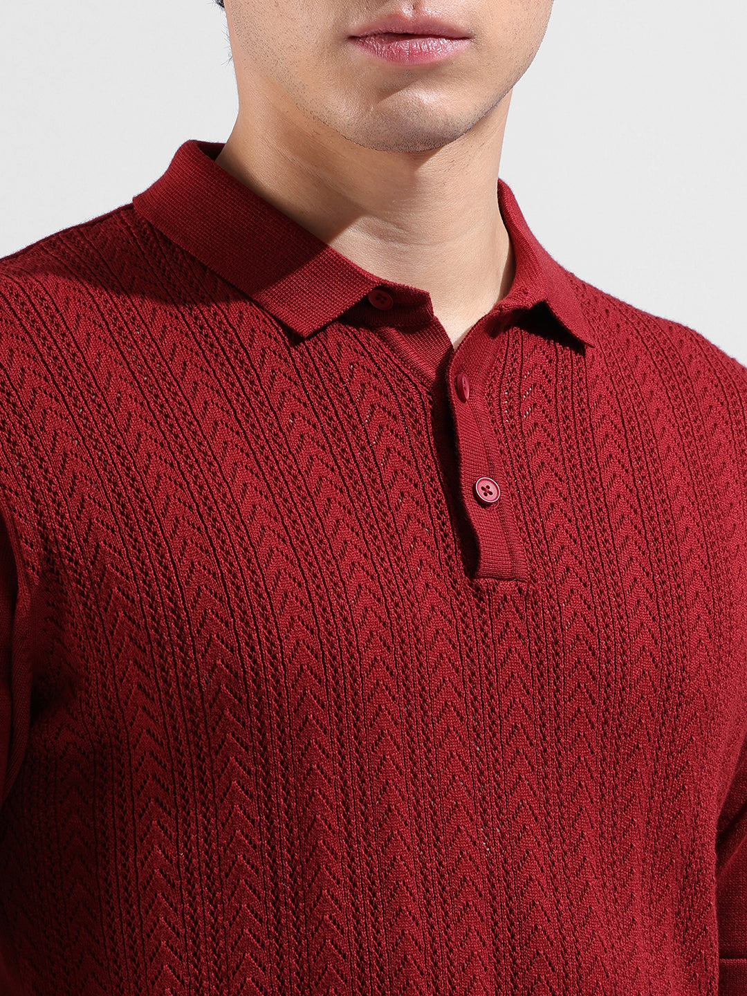 Men's Rust Slim Fit Textured Flat Knit Polo Collar T-Shirt