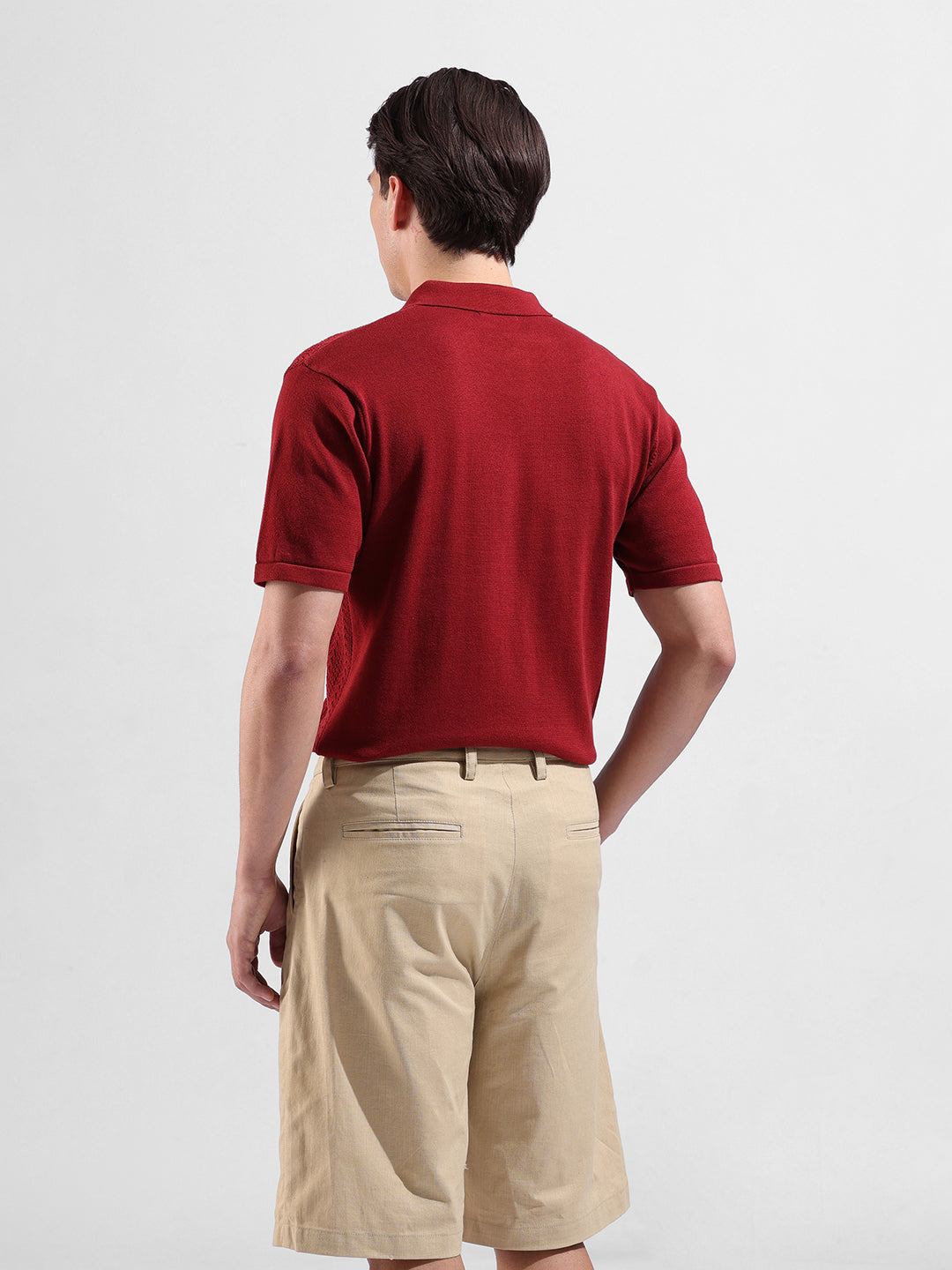 Men's Rust Slim Fit Textured Flat Knit Polo Collar T-Shirt