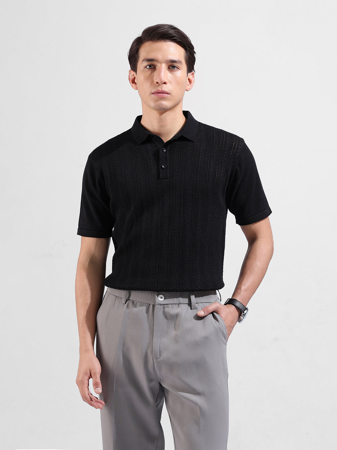 Men's Black Slim Fit Textured Flat Knit Polo Collar T-Shirt