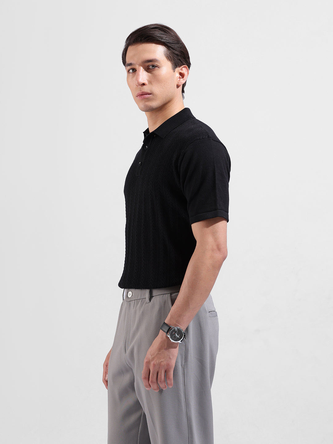 Men's Black Slim Fit Textured Flat Knit Polo Collar T-Shirt