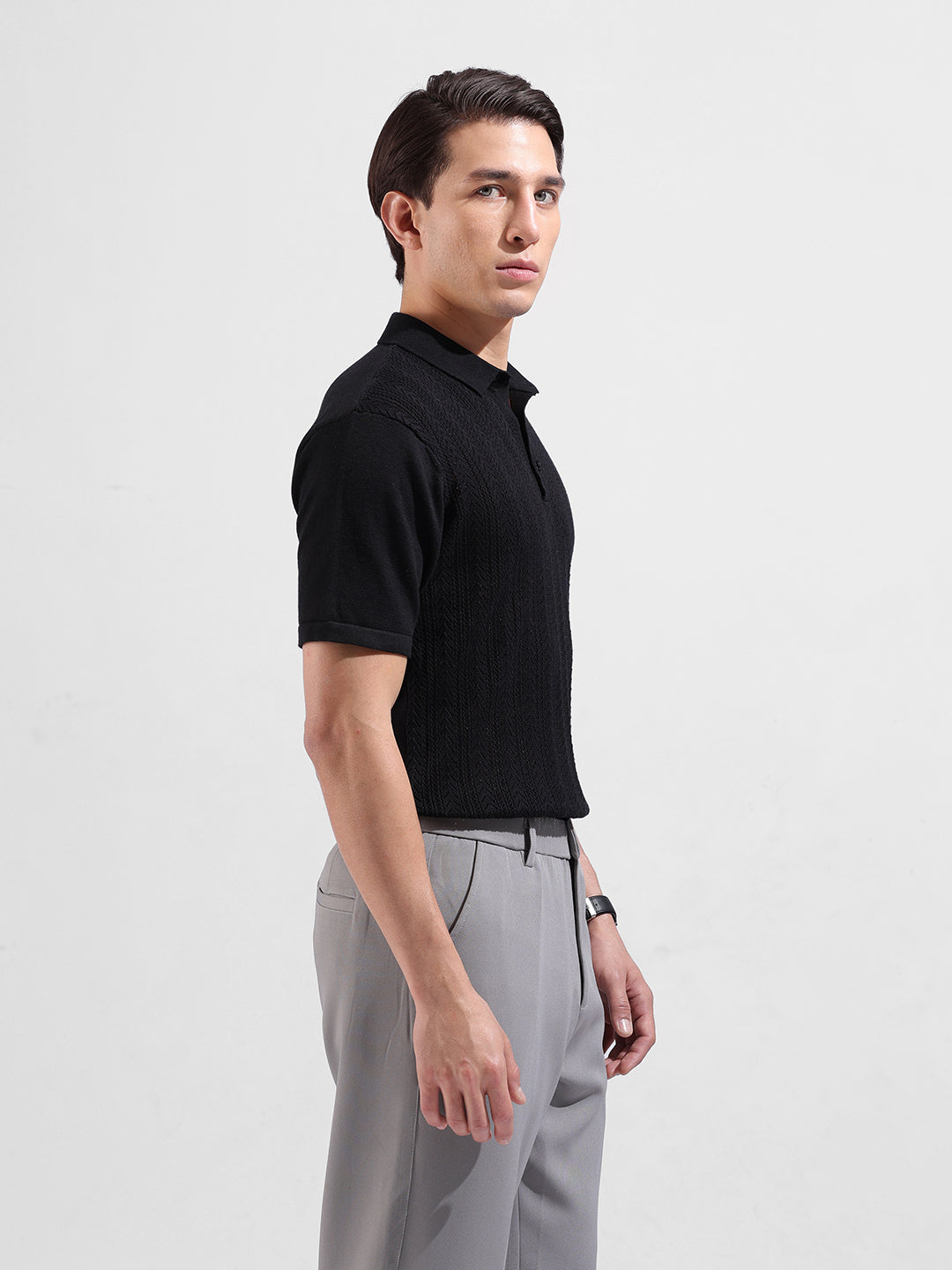 Men's Black Slim Fit Textured Flat Knit Polo Collar T-Shirt
