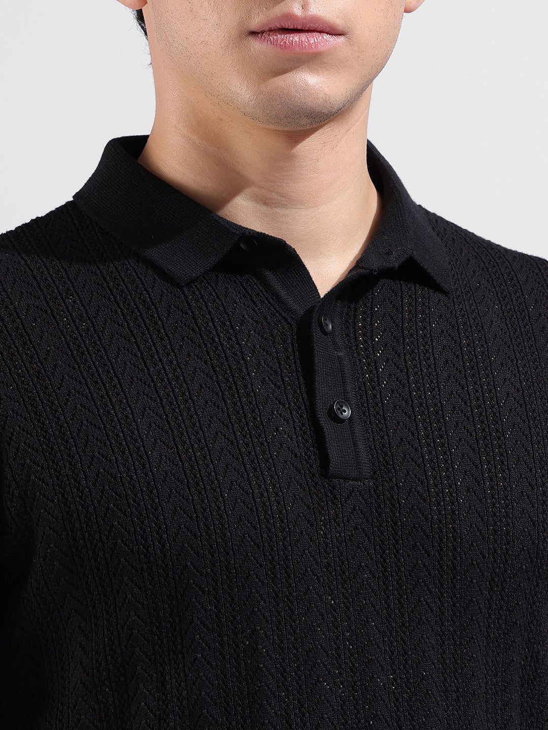 Men's Black Slim Fit Textured Flat Knit Polo Collar T-Shirt